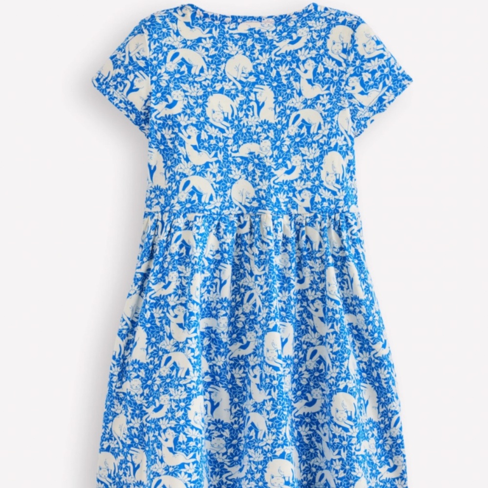 Mini Boden - Blue & White Kitten Meadow Heart Pocket Fun Jersey Dress, Size 7-8